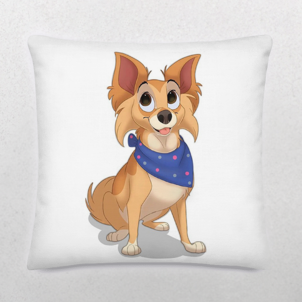 The Custom Disney Pet Cushion features a happy light brown dog with large ears, a blue bandana with pink polka dots, sitting and looking up—perfect personalized gift for pet lovers.
