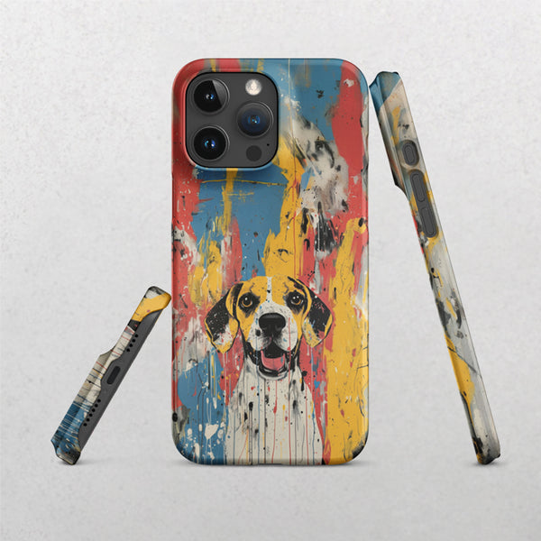The Custom Pet iPhone Case – Abstract Art features a cheerful, floppy-eared dog in colorful paint splatter style on a light gray background—an ideal gift for pet lovers.