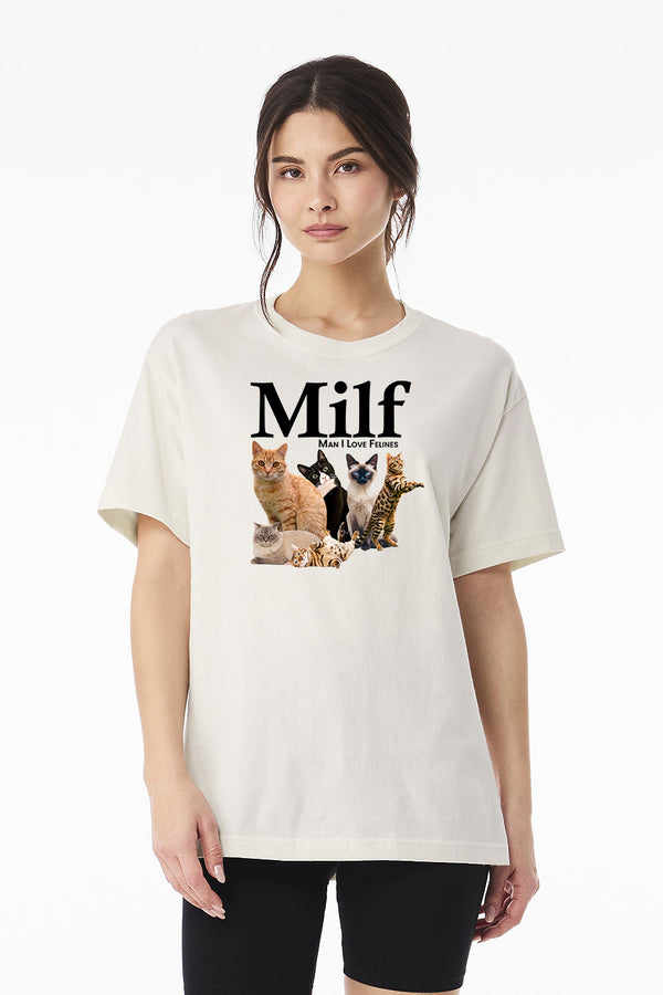 A woman with long dark hair wears the white Milf t-shirt, featuring Man I Love Felines and four colorful cat images below, making a funny vintage pet shirt that stands out.