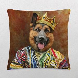 The Custom Notorious D.O.G Pet Cushion features a German Shepherd in a golden crown and patterned sweater on a warm, textured background—making it the perfect unique gift for pet lovers or a stylish custom pet cushion.