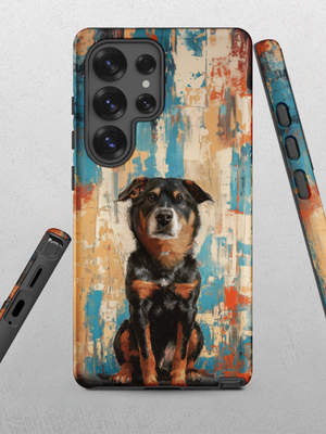 The Custom Pet Samsung Case – Abstract Design features a colorful abstract pattern in blue, orange, and beige, with a realistic black and tan dog illustration sitting and facing forward. The unique case is displayed from multiple angles.