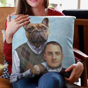 A woman smiles while holding the Custom Step Brothers Pet Cushion, which humorously features a dog with a human body and a man with a dogs body in matching sweaters on a blue background.