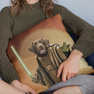 A woman in a green sweater holds a Custom Jedi Star wars Pet Cushion, showcasing a personalized dog illustration as a Jedi with robe, green lightsaber, and Yoda-like hand—a truly unique pet memorial gift.