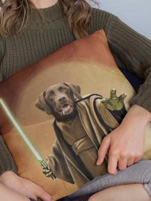A woman in a green sweater holds a Custom Jedi Star wars Pet Cushion, showcasing a personalized dog illustration as a Jedi with robe, green lightsaber, and Yoda-like hand—a truly unique pet memorial gift.