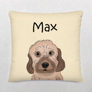 A beige Custom Cartoon Pet Cushion featuring a brown dog with floppy ears and Max above its head in bold black letters—a cozy keepsake and perfect gift for pet lovers.