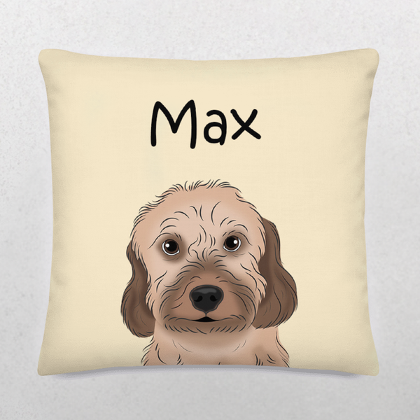 A beige Custom Cartoon Pet Cushion featuring a brown dog with floppy ears and Max above its head in bold black letters—a cozy keepsake and perfect gift for pet lovers.