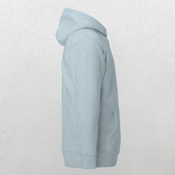The Embroidered Custom Pet Hoodie in light blue is shown from the side against a textured background, featuring a front pocket and ribbed cuffs—making it a cozy keepsake for any dog lover.