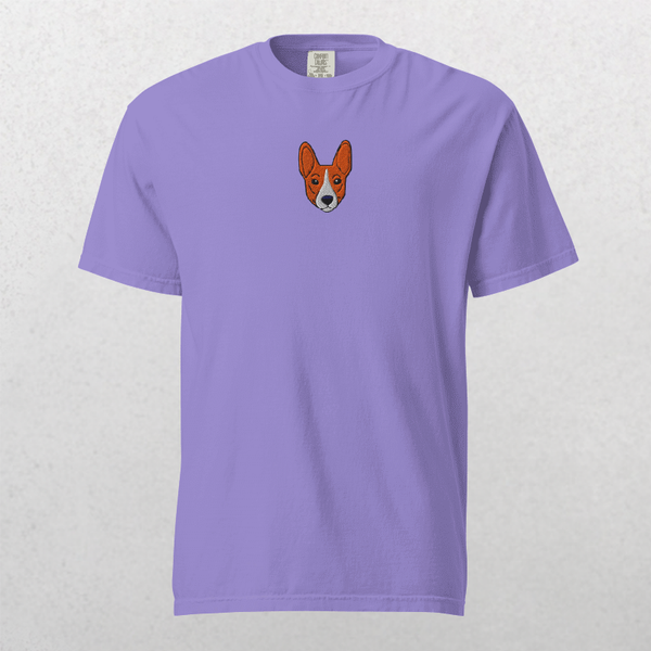The Embroidered Pet Portrait Organic T-Shirt is a lavender vintage-style tee with a small, embroidered corgi face on the chest—perfect as a gift for pet lovers.