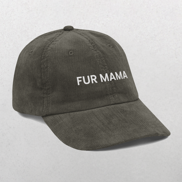 The Chord Vintage Cap - Furr Mama is a dark gray corduroy cap with FUR MAMA embroidered in white—stylish headwear, perfect for dog lovers.