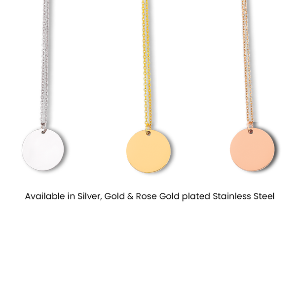 The Dog Paw Necklace - Coin Necklace is shown in silver, gold, and rose gold plated stainless steel on a white background. A perfect personalized pet jewelry piece or gift for any pet lover. Available in all three finishes.