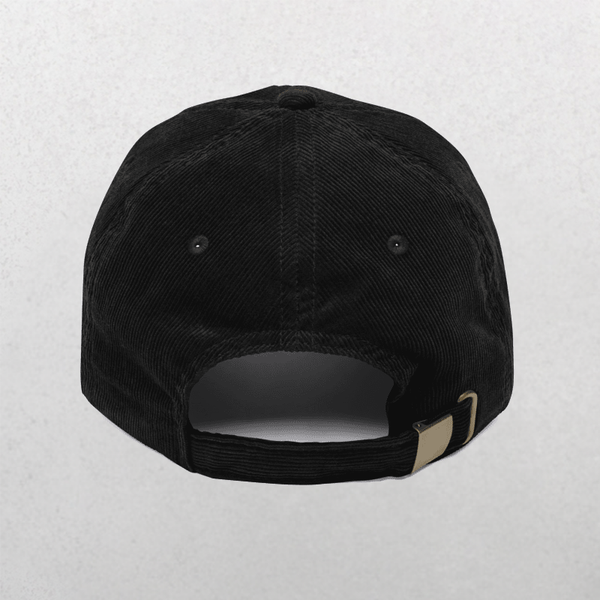 The Custom Pet Line Art Portrait Corduroy Cap – Embroidered Pet Hat in black is shown from the back, featuring a metal adjustable strap and ventilation eyelets, set against a light gray background.