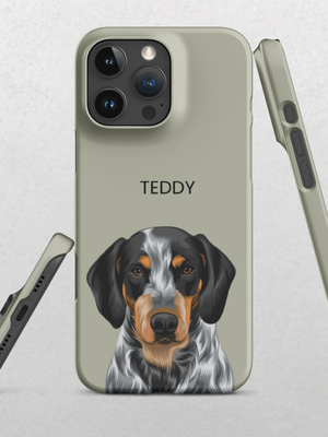 A sage Custom Pet iPhone Case – Modern Vector Art featuring a realistic black, brown, and white dog with TEDDY above its face—perfect for pet lovers. Three angles of this personalized case are displayed.