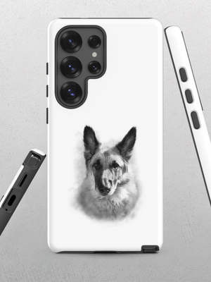 The Custom Pet Samsung Case – Digital Pet Painting showcases a realistic black and white German Shepherd portrait from multiple angles on a light gray background—a unique keepsake for dog lovers.