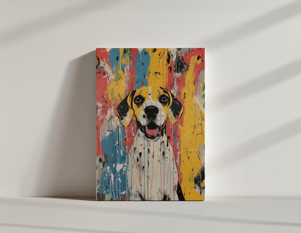 The Abstract Masterpiece - Custom Pet Portrait features your dog with big eyes and floppy ears on a vibrant abstract background of yellow, blue, red, and black—ideal minimalist pet artwork for white surfaces.