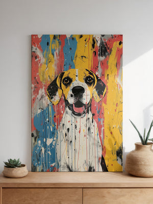 The Abstract Masterpiece - Custom Pet Portrait features a vibrant depiction of a happy dog with floppy ears on a wooden dresser, accented by woven and ceramic planters—an ideal pet lover gift for bright, sunlit spaces.