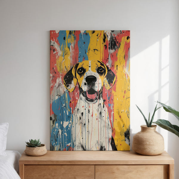 The Abstract Masterpiece - Custom Pet Portrait features a vibrant depiction of a happy dog with floppy ears on a wooden dresser, accented by woven and ceramic planters—an ideal pet lover gift for bright, sunlit spaces.