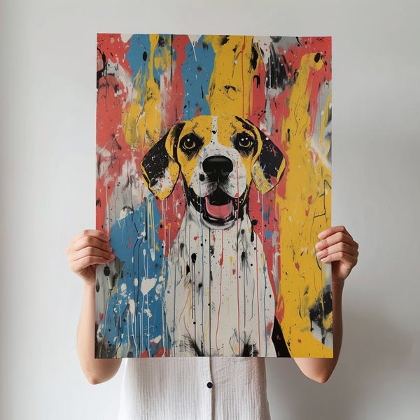 A person holds the Abstract Masterpiece - Custom Pet Portrait against a white wall. The vibrant artwork, with splashes of yellow, blue, black, and red, showcases a smiling dog—an ideal gift for any pet lover.