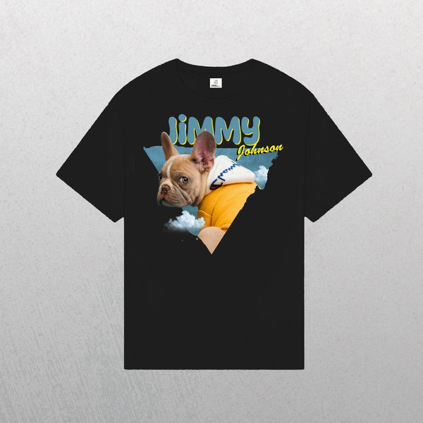 A black Personalised Retro Tee | Blue with a tan French Bulldog in a yellow shirt among clouds. “JIMMY Johnson” appears above in playful blue and yellow text—a unique keepsake and perfect gift for pet lovers.