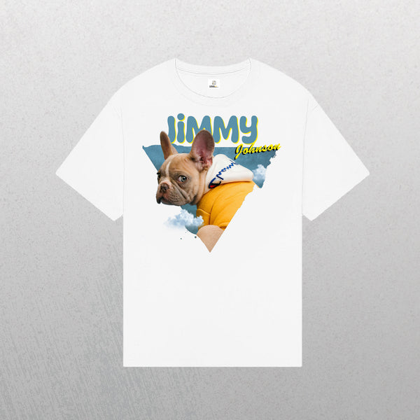 A white Personalised Retro Tee | Blue with a vintage French Bulldog design in a yellow outfit and clouds, plus bold LiMMY and Johnson—an ideal custom dog shirt and unique gift for pet lovers.