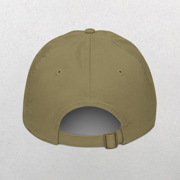 The Embroidered Line Art Pet Portrait Organic Classic Dad Cap in khaki is shown from the back, with stitched eyelets, curved brim, and an adjustable strap with metal buckle—set against a light gray background. Ideal as a personalized pet gift or keepsake.