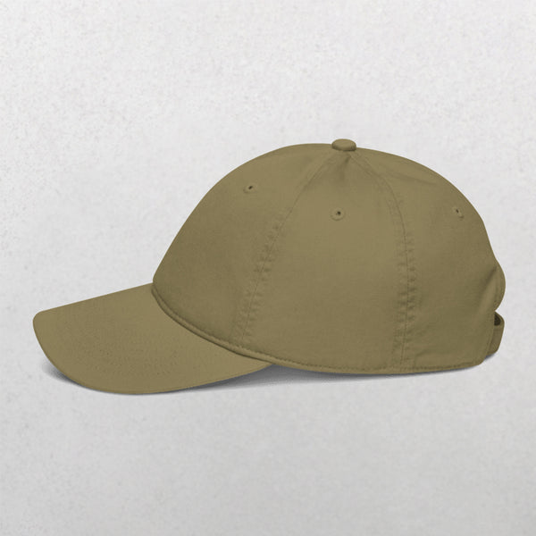The Embroidered Line Art Pet Portrait Organic Classic Dad Cap features a curved brim and adjustable strap in plain khaki, shown on a light gray background—ideal as a personalized pet gift or custom dog cap for animal lovers.