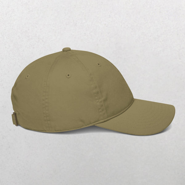 The Embroidered Line art Pet Portrait Organic Classic Dad Cap in plain olive green is displayed from the side on a light gray background.