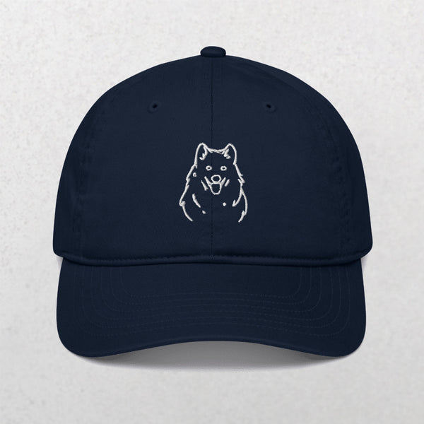 The Embroidered Line art Pet Portrait Organic Classic Dad Cap in Pacific features a minimalist white line drawing of a dogs face and upper body—an ideal, unique pet keepsake for any dog lover.