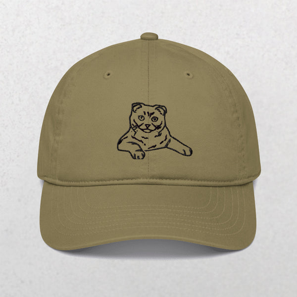 The Embroidered Line art Pet Portrait Organic Classic Dad Cap in olive green features a minimalist black line cat drawing on the front, with a plain light background—perfect for animal lovers seeking a custom pet hat.