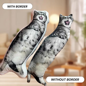 Two Custom Ugly Shape Pet Pillows, both featuring a gray tabby cat photo, are side by side in a cozy living room. One pillow has a white border, the other does not—perfect as personalized pet keepsakes or unique decor accents.