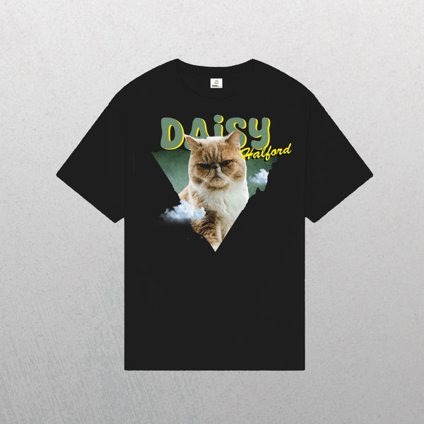 Personalised Retro Tee | Green: Black t-shirt with a grumpy cat before a green triangle, DAISY in bold yellow, and Harford above the cat—a unique vintage pet lover gift.