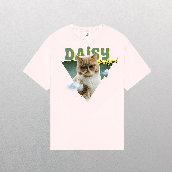 A vintage-inspired light pink Personalised Retro Tee | Green features a grumpy cat with green shapes and clouds, plus yellow and green script: DAISY and Fabulous!—an ideal quirky gift for any pet lover.