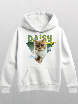 The Personalised Retro Hoodie | Green is a white hoodie featuring a grumpy cat in front of a green triangle, DAISY in large yellow letters, grumpy in cursive, and clouds at the cats lower left—a cozy gift for pet lovers.