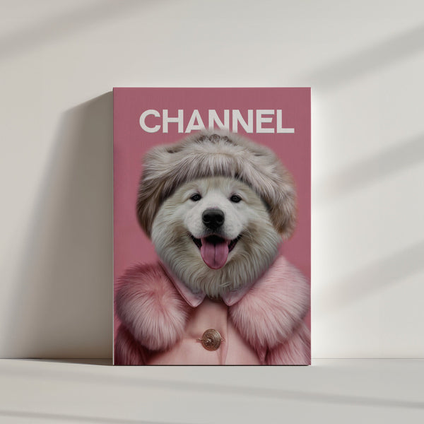The Chanel Fashion Cover features a joyful white dog in a pink fur coat and hat against a soft pink background—ideal inspiration for a custom pet portrait or personalized dog canvas, making it a perfect gift for any pet lover.