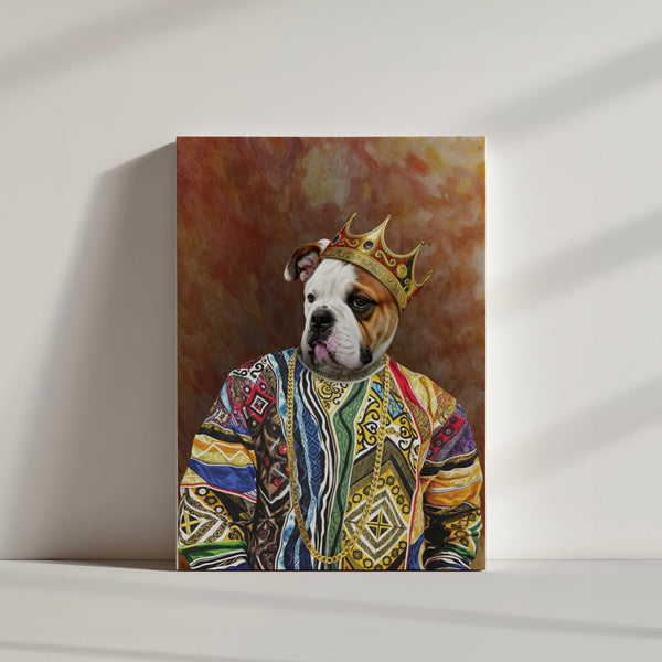 The Notorious D.O.G. canvas showcases a bulldog in a gold crown and vibrant royal robe, propped against a wall with soft shadows—perfect personalized pet art capturing regal charm and unique style.