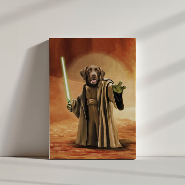 The Star Wars Jedi Master personalized dog canvas showcases a brown pup in Jedi robes with a green lightsaber on a desert background—unique pet memorial wall art for Star Wars fans.