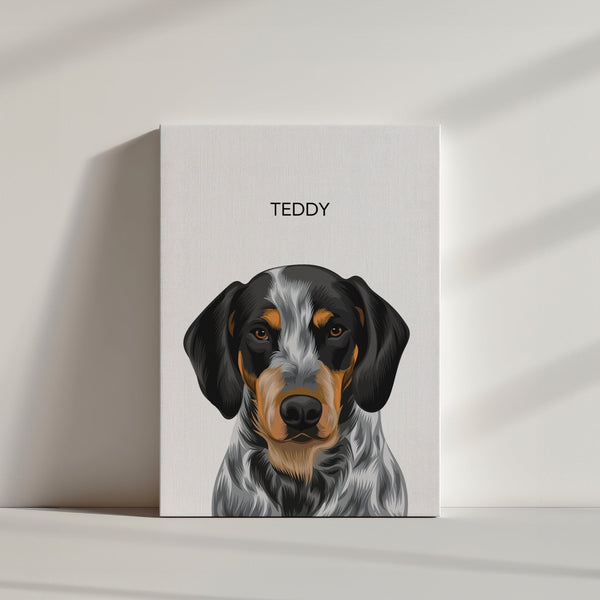 Modern Vector Art: A personalized dog canvas with an illustrated portrait of a black, brown, and white dog named TEDDY, propped against a light wall—ideal pet artwork for any pet lover gift.