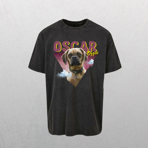 A grey Personalised Retro Tee | Pink with a brown dog wearing a collar on a pink triangle and white cloud. OSCAR in bold yellow and Ozzie in script above. A vintage pet t-shirt, perfect as a gift for pet lovers.