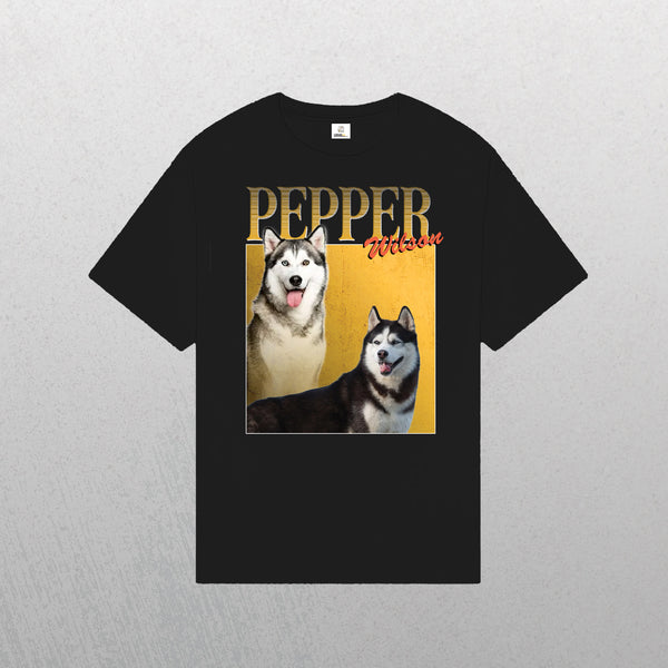 Black Personalised Homage Tee | Gold—features two huskies (one sitting, one standing), PEPPER in large gold letters, and Wilson in red cursive on a yellow rectangle; a unique custom pet keepsake.