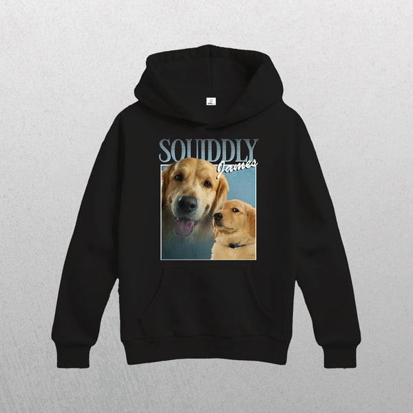 The black Personalised Homage Hoodie | Ice showcases two golden retriever images—one happy close-up on the left, side profile on the right—with SOUNDLY James above them, set against a gray background and crafted from premium fleece.