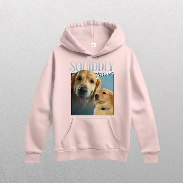 Light pink Personalised Homage Hoodie | Ice features two golden retriever photos—one playful, one gazing sideways—with “SUDDDLY FAMOUS” above. A perfect custom pet hoodie and thoughtful gift for pet lovers!.