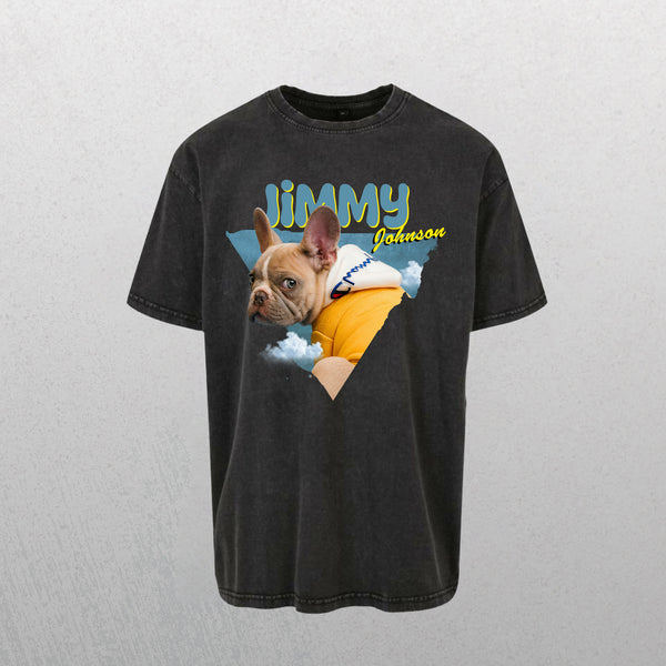 A grey personalized retro tee featuring a blue shirt-wearing French Bulldog among clouds, with Jimmy in bold yellow and Johnson in script—ideal as a custom pet shirt or unique gift for pet lovers. Product Name: Personalised Retro Tee | Blue.