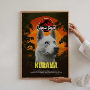 A person hangs the Jurassic Bark Pet Portrait, a framed poster with a white dog named Kurama, styled like a Jurassic Park movie poster with sunset, trees, and logo—perfect pet lover gift or home artwork.