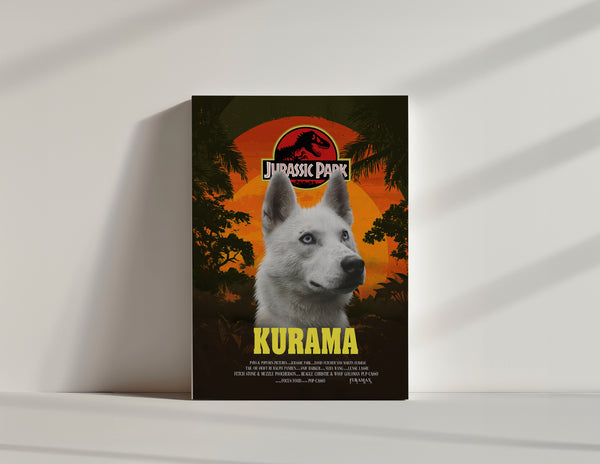 The Jurassic Bark Pet Portrait features a movie poster-style artwork of a white dog with blue eyes before an orange sunset and jungle, with the Jurassic Park logo above and KURAMA in bold yellow—perfect for pet lovers or as a custom canvas gift.