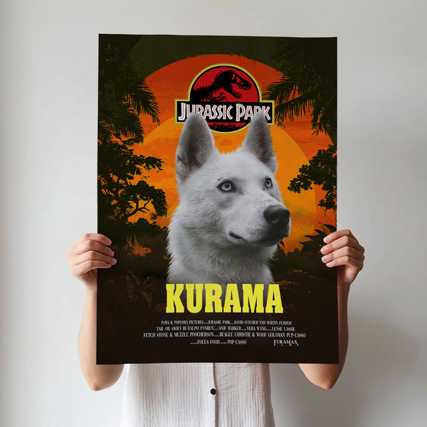 A person holds the Jurassic Bark Pet Portrait, a parody poster featuring Kurama, a white dog replacing a dinosaur against a jungle sunset with the classic logo—fun pet artwork ideal for any pet memorial wall art collection.