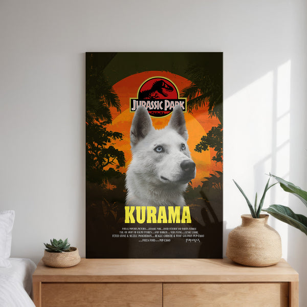 A poster features the Jurassic Bark Pet Portrait: a white wolf with blue eyes before a sunset and jungle, styled like the Jurassic Park logo with “Kurama” in bold yellow. Below, potted plants sit on a table—great for pet portrait fans.