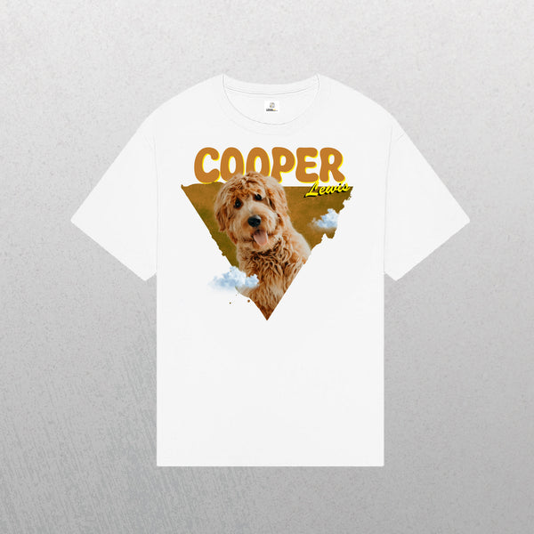 White Personalised Retro Tee | Orange with your pet’s photo inside a triangle, COOPER in bold yellow above, Louie in script below, and small clouds. The perfect custom shirt and gift for any pet lover.