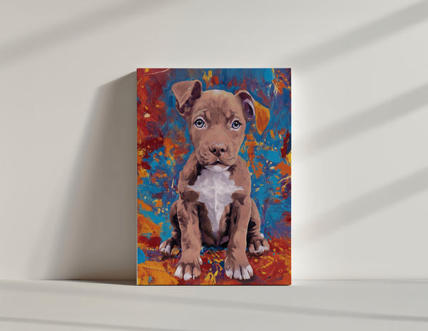 The Oil Masterpiece - Custom Pet Portrait features a brown puppy with white markings on a vivid red, blue, and orange abstract background—an ideal personalized canvas for pet lovers or as a unique gift.
