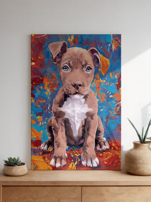The Oil Masterpiece - Custom Pet Portrait features a vibrant painting of a brown and white puppy above a wooden dresser with potted plants in a sunlit, modern room—ideal as heartfelt pet memorial wall art.