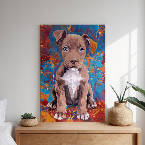 The Oil Masterpiece - Custom Pet Portrait features a vibrant painting of a brown and white puppy above a wooden dresser with potted plants in a sunlit, modern room—ideal as heartfelt pet memorial wall art.