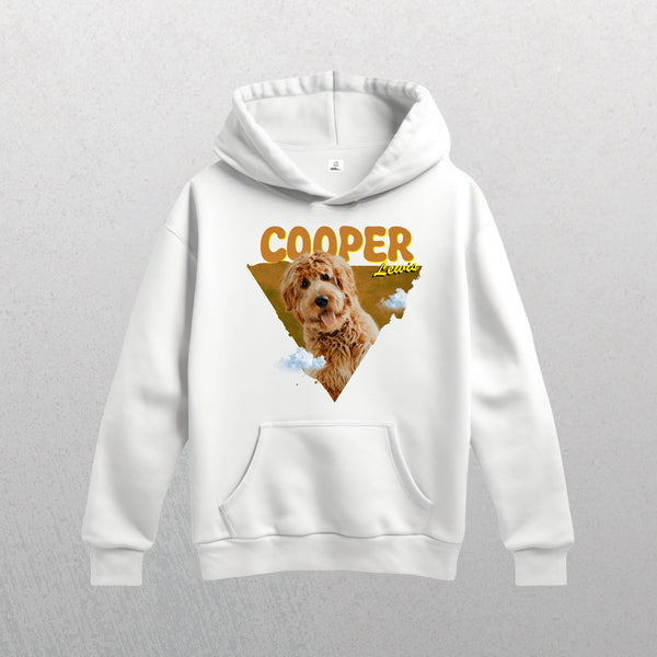 The Personalised Retro Hoodie | Orange in white features a brown, curly-haired dog graphic inside a yellow triangle, “COOPER” in bold above, “Lover” in script, and small cloud details—perfect as a cozy pet keepsake for dog lovers.